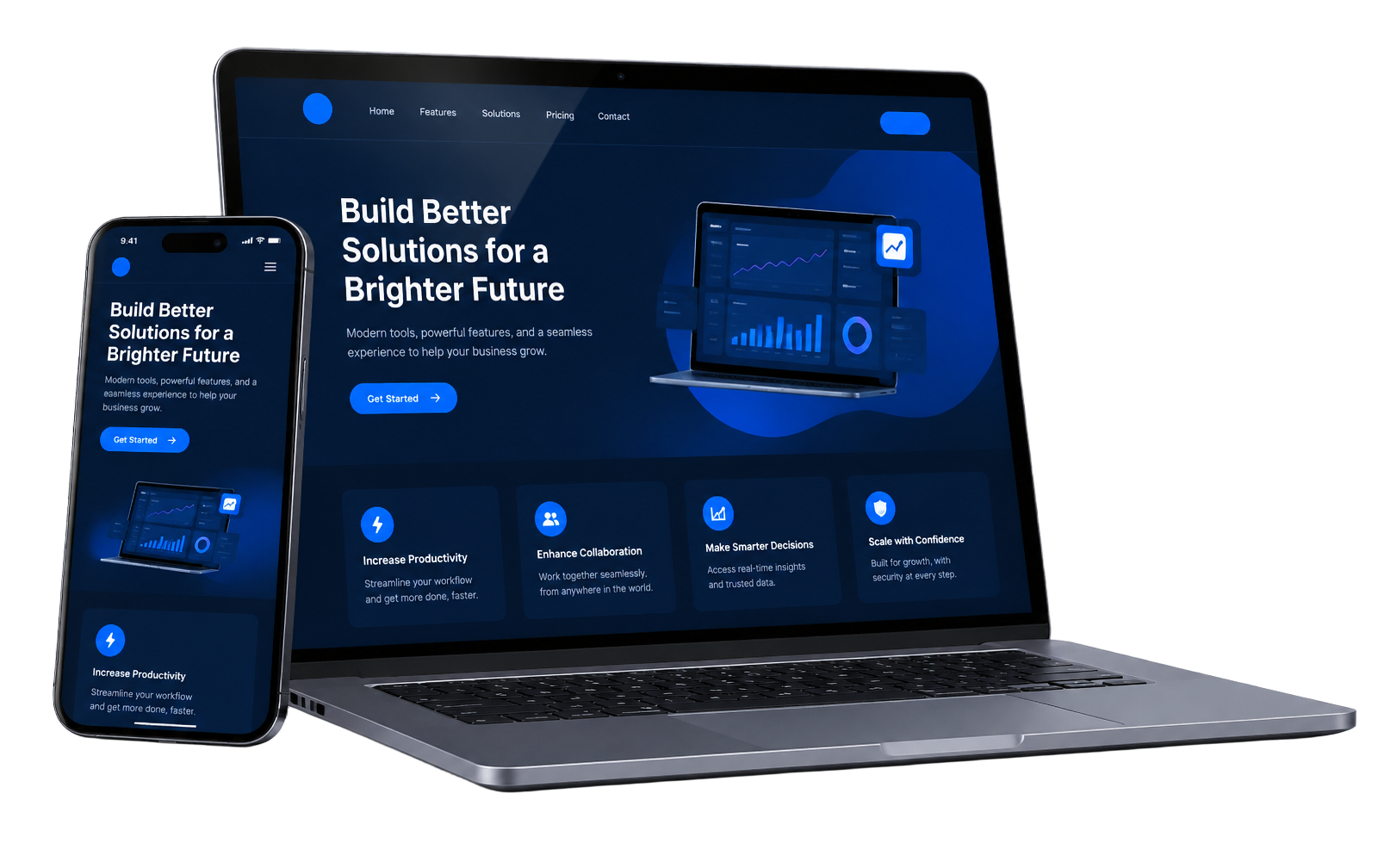 Laptop and phone mockups showing a modern business website built by AIHA Digital