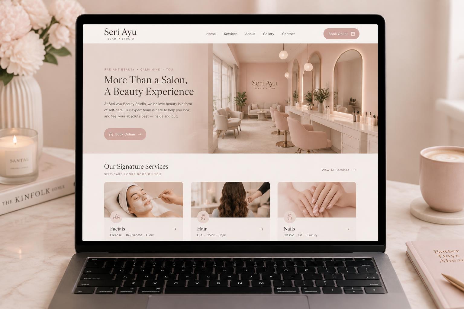 Hana Beauty & Glow Studio salon website concept with a service list and online bookings